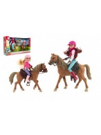 Kůň 2ks + panenka žokejka 2ks plast v krabici 44x26x12cm