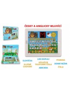 Naučný tablet moudré sovy dvojjazyčný CZ+AJ plast 24x19x2cm na baterie se zvukem v krabici 32x23x3cm