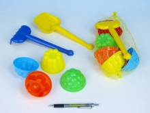Sada na písek plast lopatka, hrabičky, 4ks bábovky v síťce