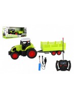 Traktor RC s vlekem plast 38cm 27MHz + dobíjecí pack na baterie v krabici 45x19x13cm